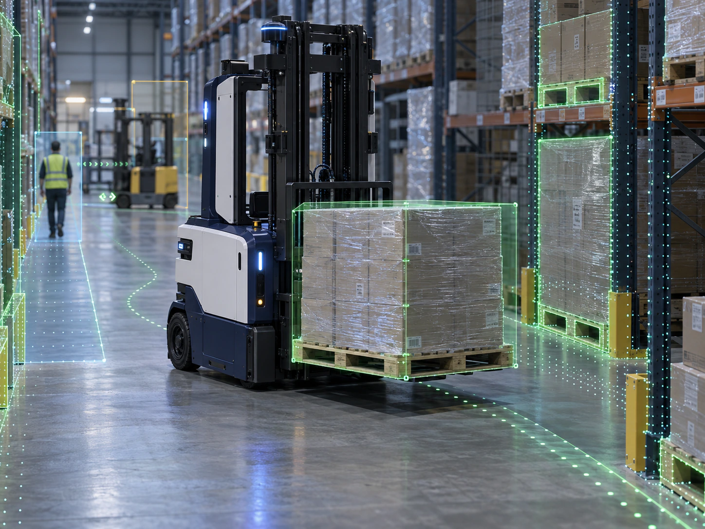 Concept illustration of an autonomous forklift perceiving pallets, rack edges, and a safe walking zone