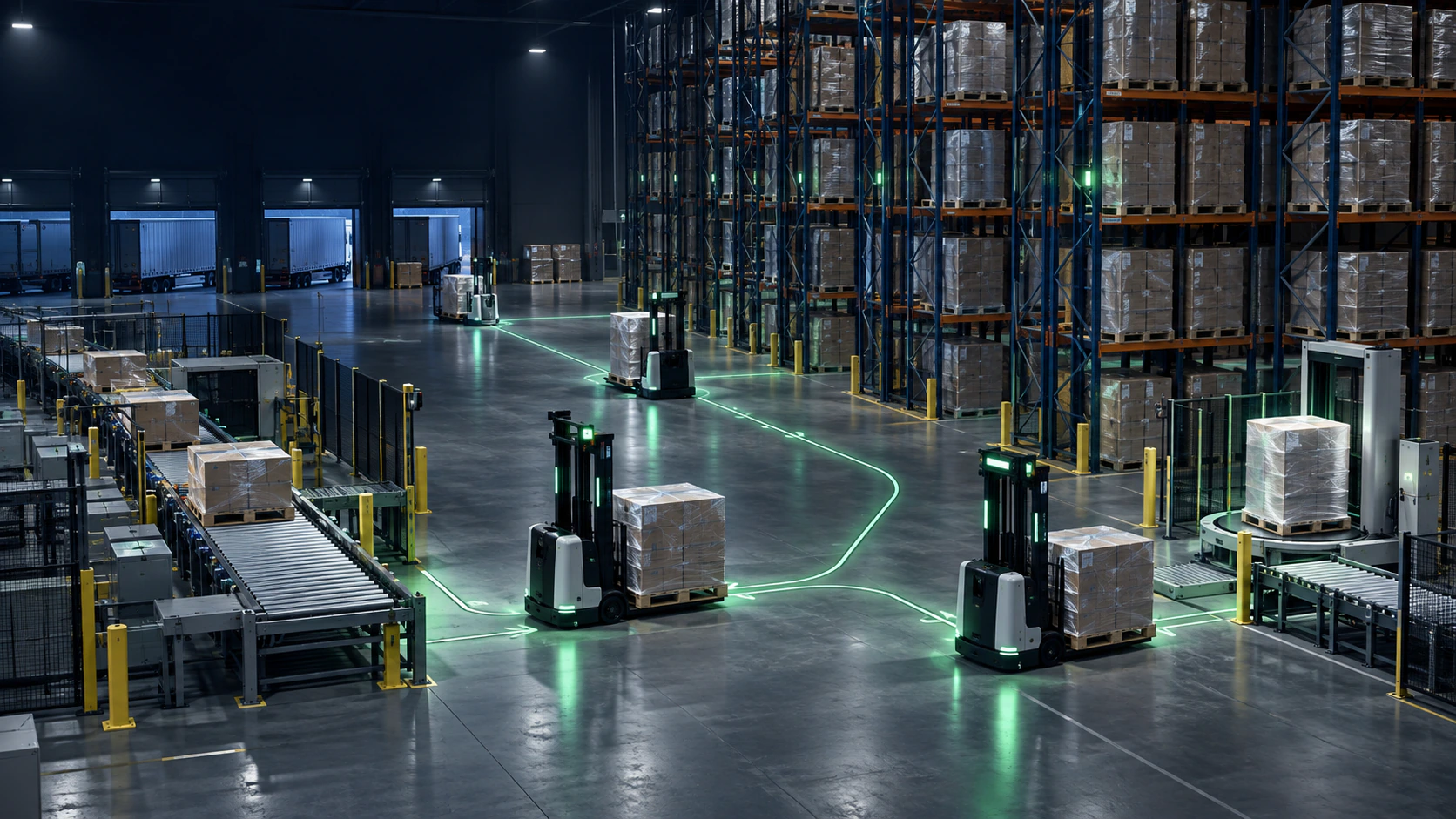 Concept illustration of autonomous pallet forklifts connecting inbound conveyors, dense storage, and wrapping equipment