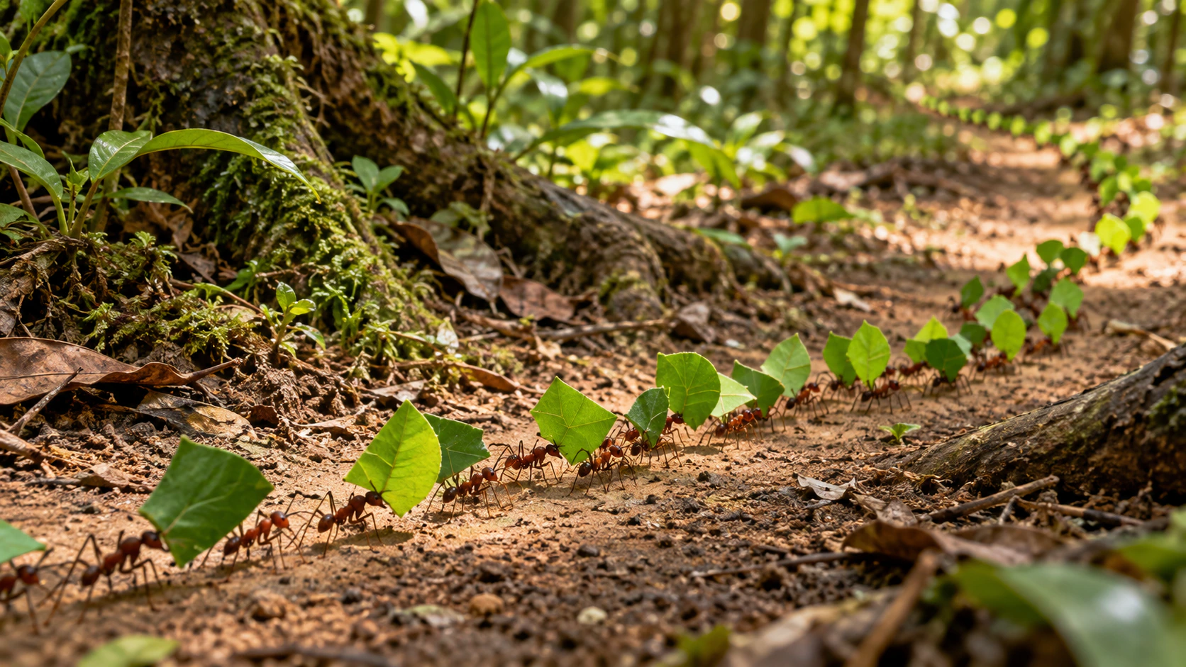 Leafcutter ants carrying leaves as a coordinated colony